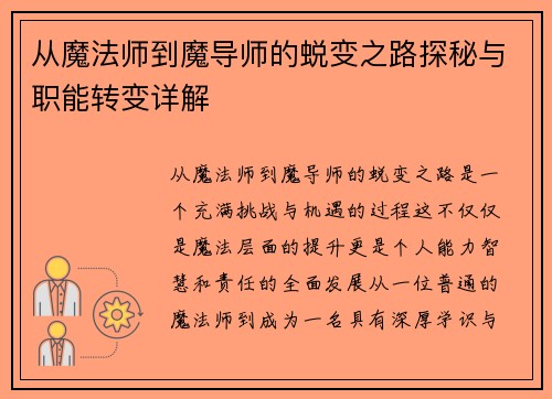 从魔法师到魔导师的蜕变之路探秘与职能转变详解